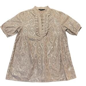 Vertigo Womens medium brown w silver metallic blouse, eyelet, half button down M